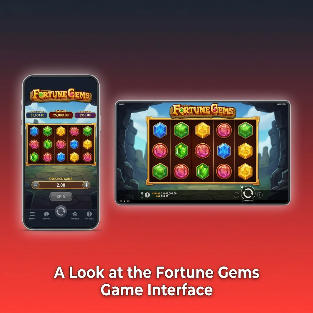 Colorful Fortune Gems 3x3 reel grid with gem symbols on dark background, bet controls and spin button at bottom