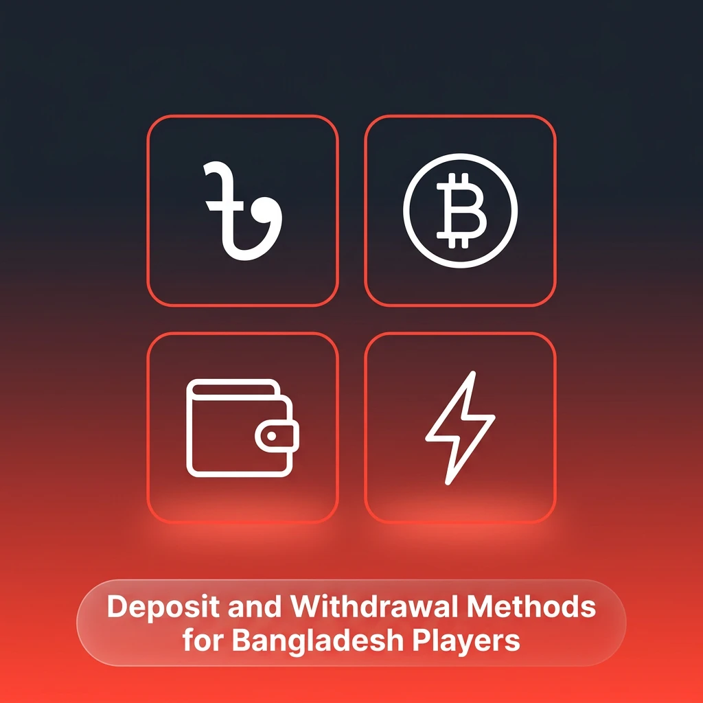 Deposit and withdrawal payment method icons including bKash, Nagad, crypto, and cards for Bangladesh players