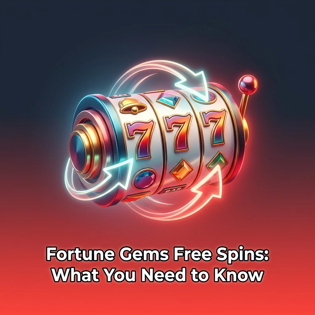Colorful Fortune Gems slot machine reels with free spins bonus promotion highlighted on screen