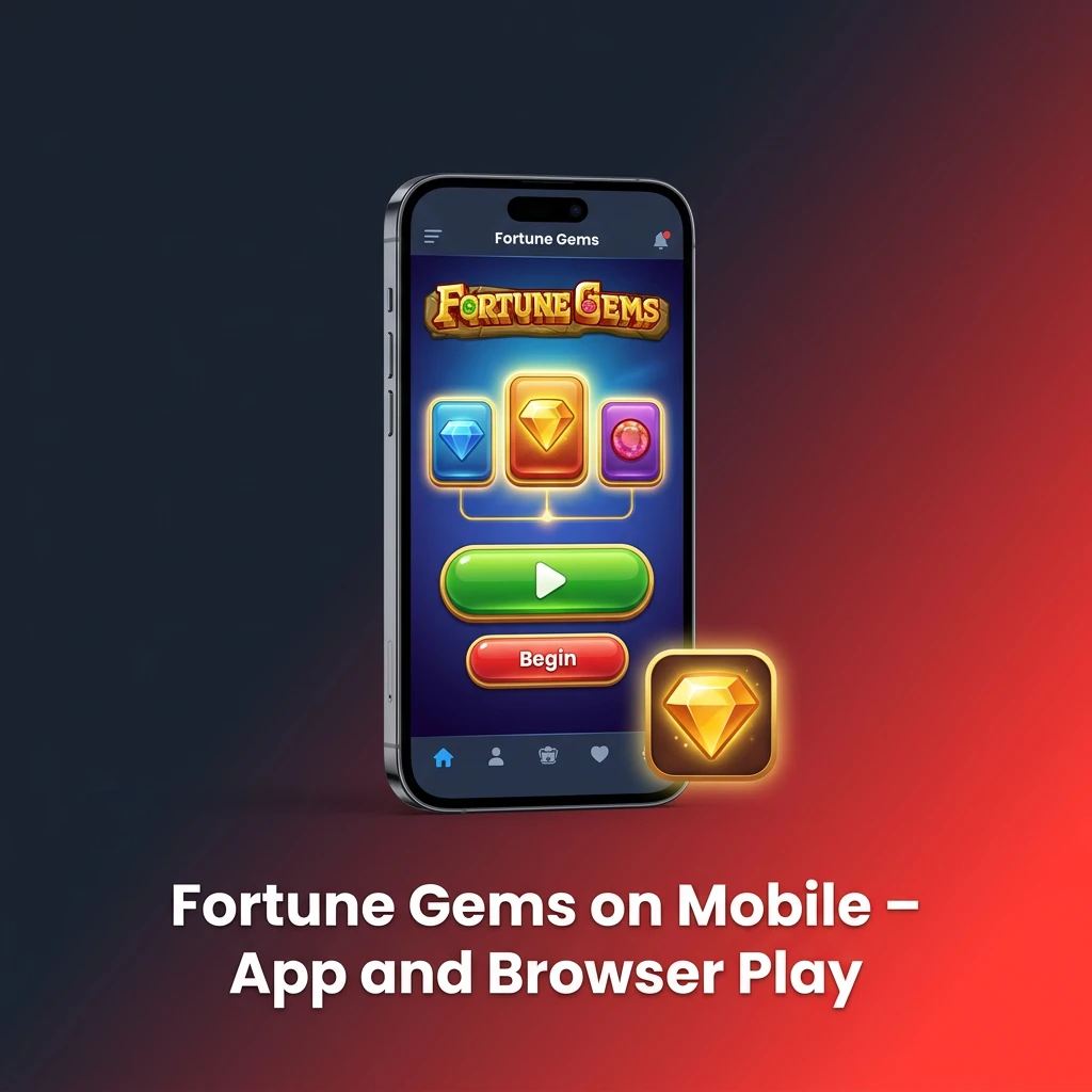 Mobile phone displaying Fortune Gems slot game, showing app and browser play options with touch-optimized controls.