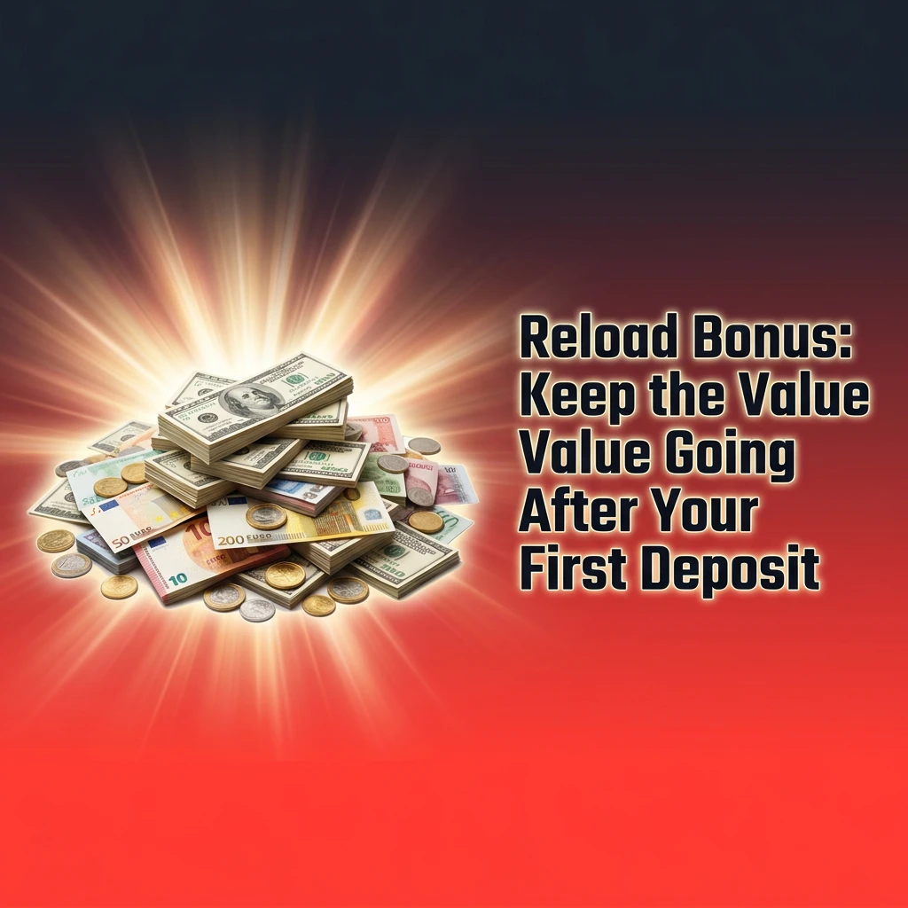 Casino reload bonus concept showing percentage match rewards for existing players making subsequent deposits