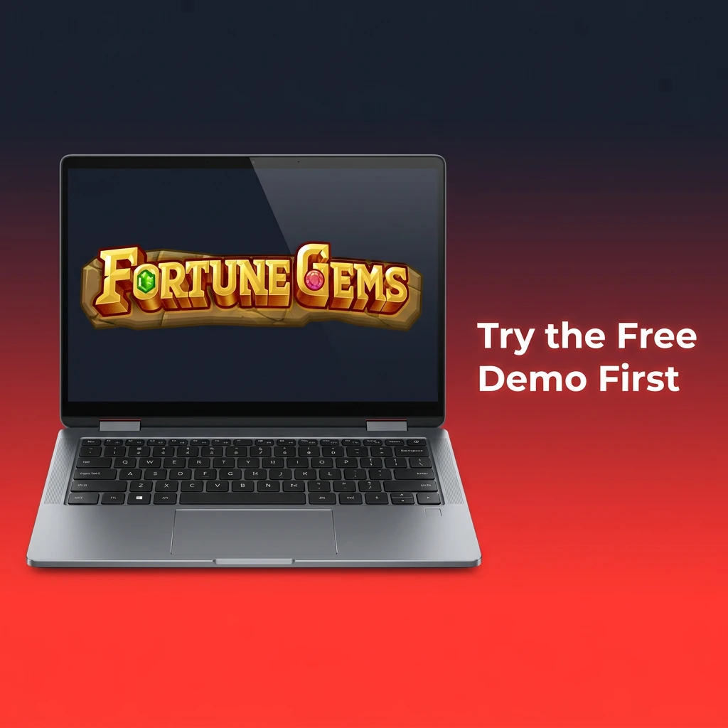 Colorful Fortune Gems slot game demo screen showing reels, paytable, and free play interface with gem symbols