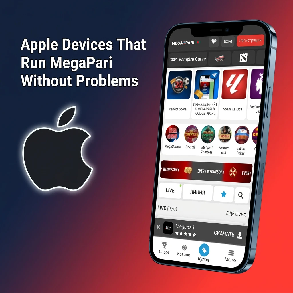 Compatible Apple devices for MegaPari including iPhone SE through iPhone 15 Plus and various iPad models running iOS 12 or later.