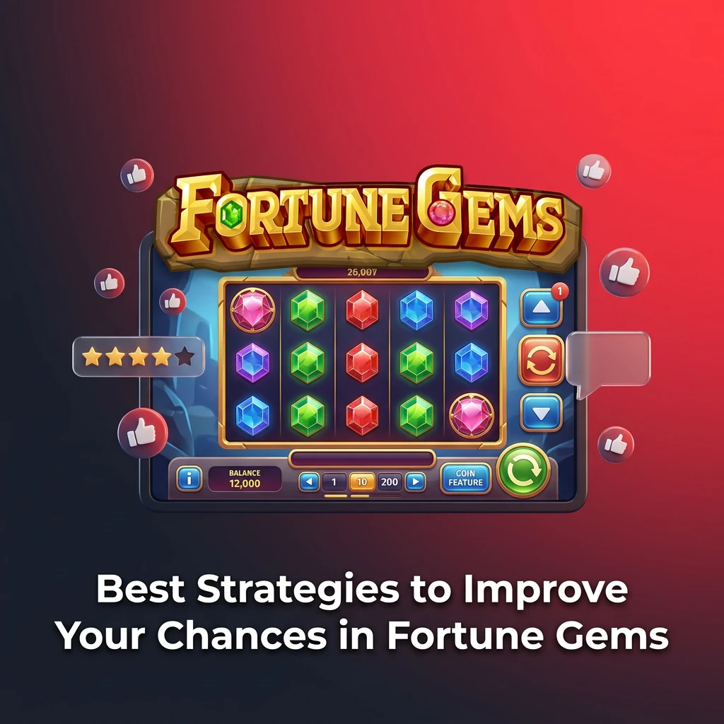 Slot machine with colorful gems, coins, and strategy tips for managing bets and balance in Fortune Gems game