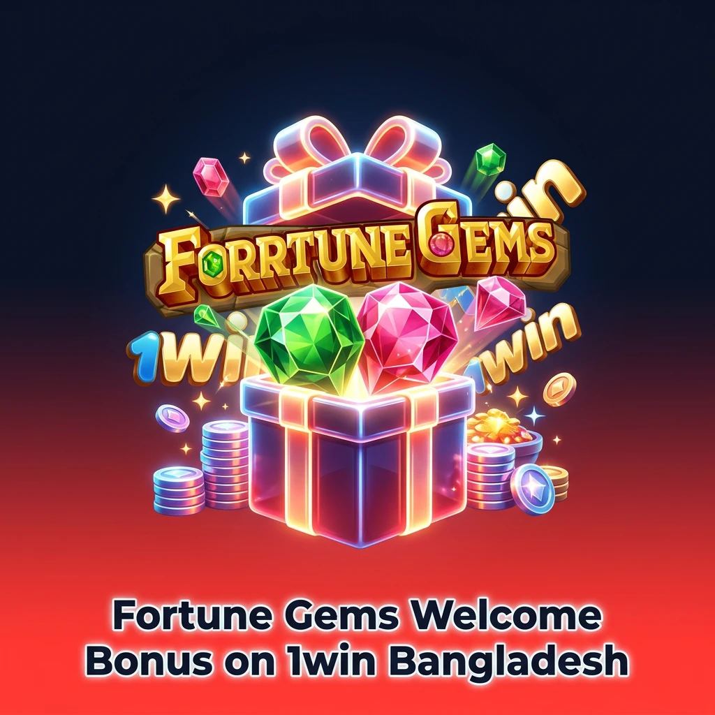 1win Bangladesh welcome bonus offer showing 500% across 4 deposits with free spins and cashback for Fortune Gems players